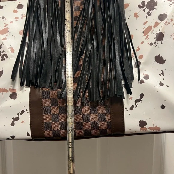 Stylish White and Brown Cow Print with Checkered insert Women's Bag - Picture 3 of 7